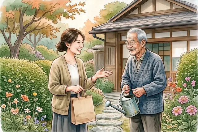 相談員がシニアの男性のご自宅を訪ね、庭先で笑顔で話しているイラスト