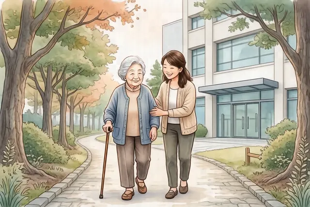 杖をついたシニアの女性の腕を相談員がやさしく支えて歩いているイラスト
