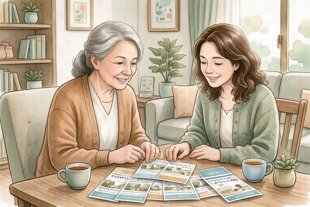 テーブルに広げた介護施設の資料を、ご家族が一緒に見ているイラスト