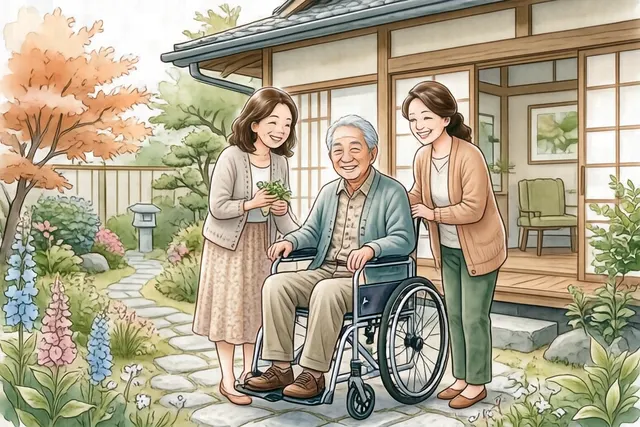 車いすのご本人と娘さん、相談員が明るい介護施設の前にいるイラスト