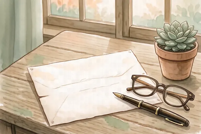 手紙と万年筆、老眼鏡が置かれた机に朝の光が差し込んでいるイラスト