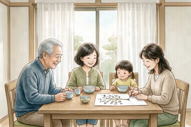 三世代のご家族と相談員がテーブルを囲み、家系図を描きながら話しているイラスト