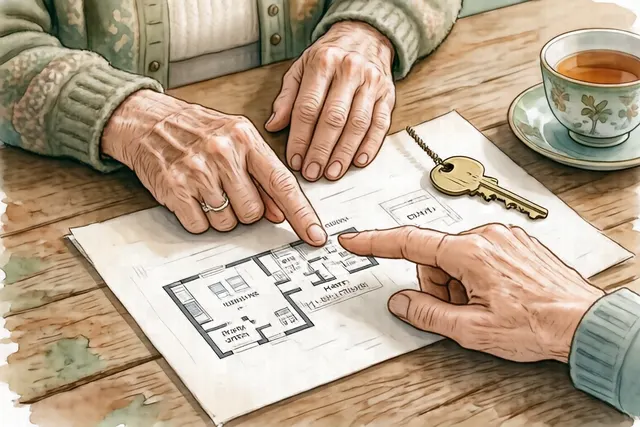 間取り図と家の鍵を囲んで、シニアの方と相談員が手元で相談しているイラスト