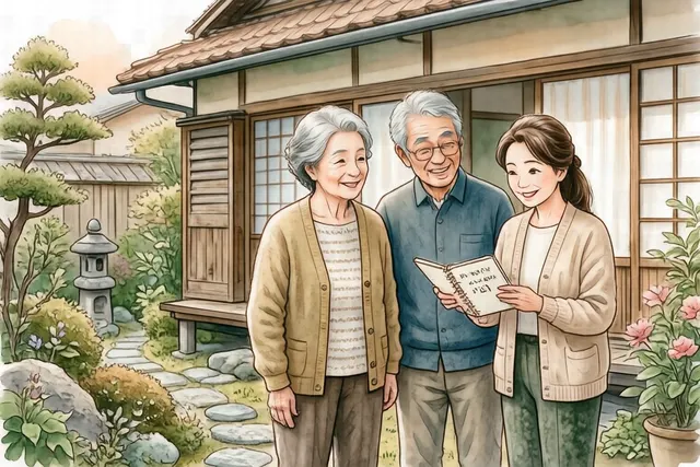 ご実家の前で、シニアのご夫婦と相談員が一緒に家を見ながら話しているイラスト